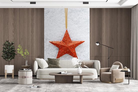 Papier peint photo peint photo vinyle - Une étoile rouge avec un fond enneigé largeur 200 cm x hauteur 300 cm - Tirage photo sur papier peint (disponible en 7 tailles)