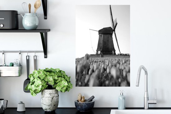Stickers muraux - Film autocollant - Un moulin à vent avec des tulipes - noir et blanc - 40x60 cm - Film adhésif - Stickers muraux Chambre d'enfant - Papier peint autocollant