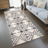 Tapiso Ethno Tapijtloper Grijs Beige Boho Woonkamer Slaapkamer Gang Franjes Maat- 80x300