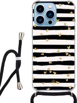 iPhone 13 Pro Max hoesje met koord - Hart streepjes | Apple iPhone 13 Pro Max crossbody case | Zwart, Transparant | Gestreept