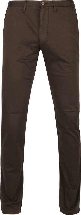 Donkerbruine chino broek met knoopsluiting.