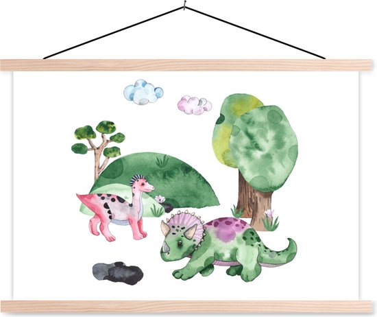 Posterhanger incl. Poster - Schoolplaat - Kinderkamer - Tekening - Dinosaurus - Jongens - Meisjes - Kids - 150x100 cm - Blanke latten