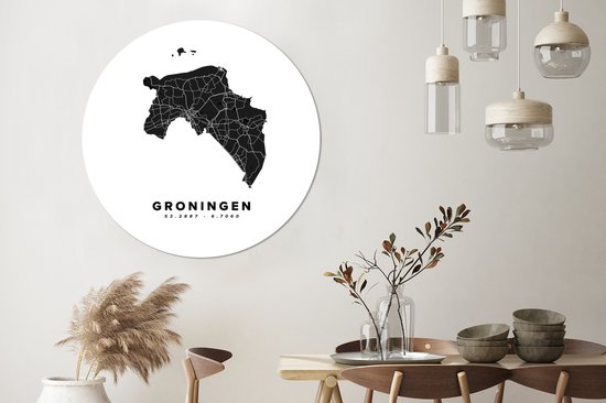 WallCircle - Wall Circle - Wall Circle - Groningue - Carte routière Nederland - Wit - Aluminium - Dibond - 120x120 cm - Intérieur et extérieur XXL