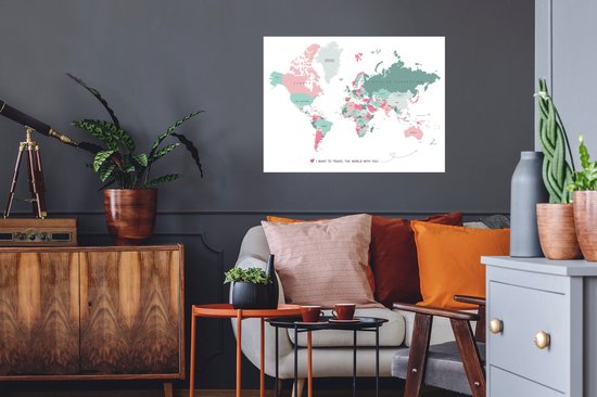 Sticker Muursticker cartes du Wereldkaart - Carte du monde Romantique - 80x60 cm - Film adhésif autocollant - Sticker mural repositionnable