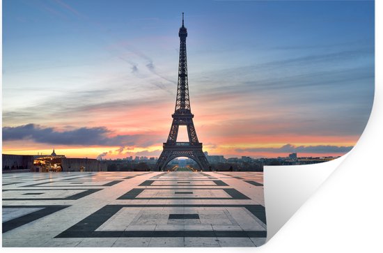Muurstickers - Sticker Folie - De Eiffeltoren vanaf het plein van Palais de Chaillot met zonsondergang - 60x40 cm - Plakfolie - Muurstickers Kinderkamer - Zelfklevend Behang - Zelfklevend behangpapier - Stickerfolie