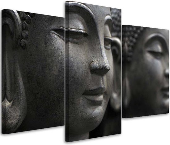 Trend24 - Canvas Schilderij - Standbeeld Van Boeddha - Drieluik - Oosters - 60x40x2 cm - Grijs