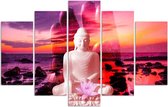 Trend24 - Canvas Schilderij - Boeddha Op De Achtergrond Van De Oceaan - Vijfluik - Oosters - 100x70x2 cm - Roze