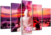 Trend24 - Canvas Schilderij - Boeddha Op De Achtergrond Van De Oceaan - Vijfluik - Oosters - 150x100x2 cm - Roze