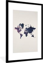 Fotolijst incl. Poster - Wereldkaart - Glitter - Blauw - Roze - 80x120 cm - Posterlijst