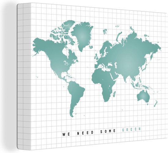 Wereldkaart mintgroen canvas 80x60 cm