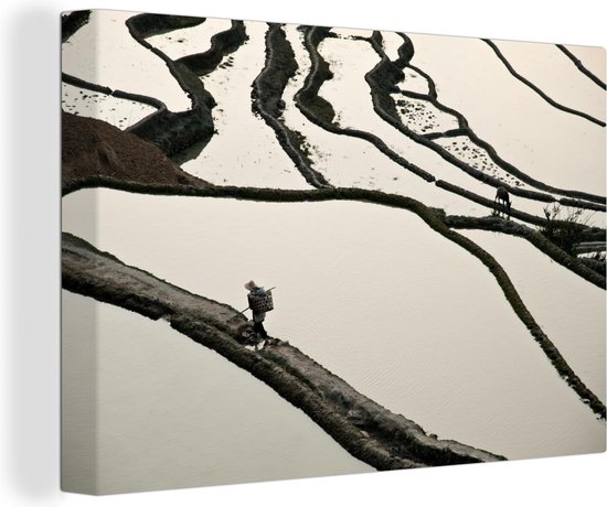 Canvas Schilderij Chinese rijstvelden zwart-wit fotoprint - 90x60 cm - Wanddecoratie