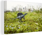 Canvas schilderij 150x100 cm - Wanddecoratie Dinosaurus - Gras - Klein - Muurdecoratie woonkamer - Slaapkamer decoratie - Kamer accessoires - Schilderijen