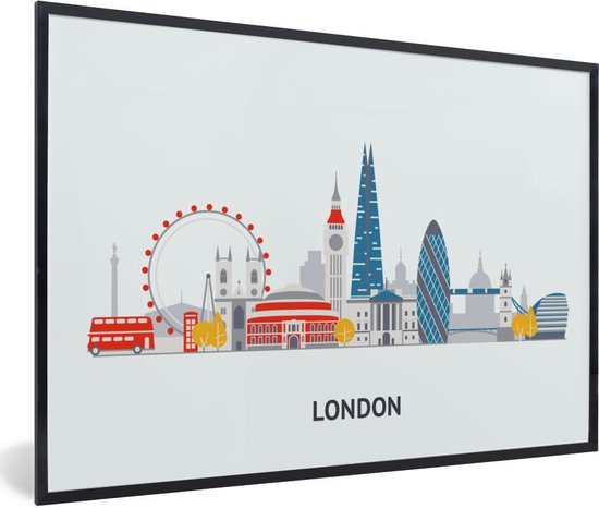 Poster met lijst Illustratie van de skyline van 'Londen' op een lichtblauwe achtergrond