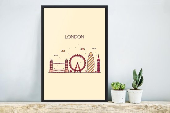 Line art poster van de skyline van Londen in rood en geel op een crème achtergrond.