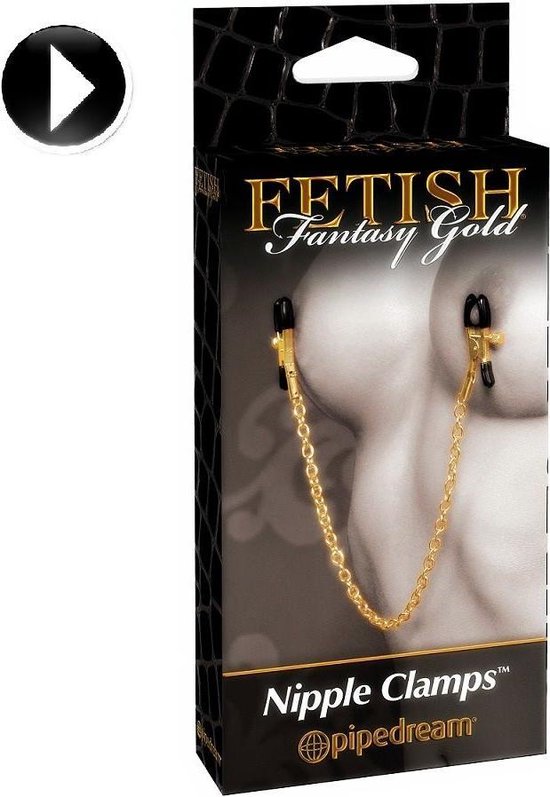 Verpakking van 'Fetish Fantasy Gold Nipple Clamps' met afbeelding van tepelklemmen met gouden ketting op blote huid.