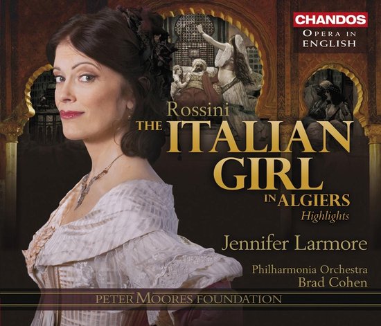 Portret van Jennifer Larmore in een korsetachtige jurk, met tekst 'Rossini The Italian Girl in Algiers Highlights'.