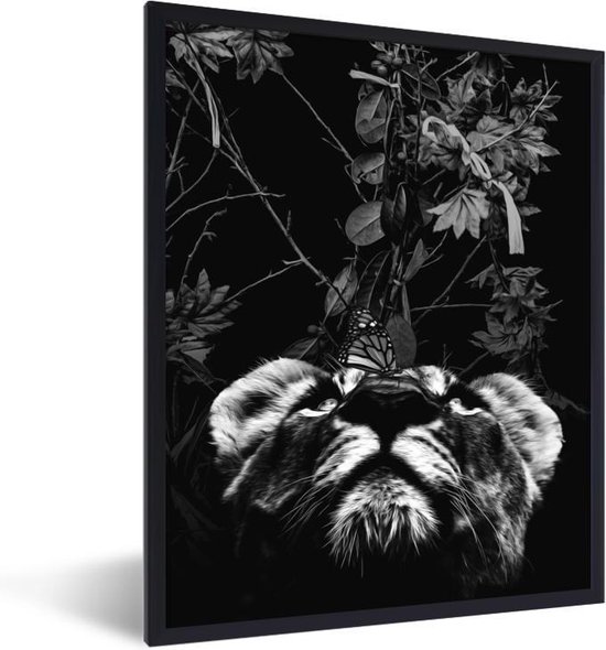Fotolijst incl. Poster Zwart Wit- Een tijger met een vlinder op zijn neus en bloemen - zwart wit - 60x80 cm - Posterlijst