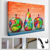 Handbeschilderd houten fruit - peren en appels. Handgemaakte moderne kunst - moderne kunst canvas - horizontaal - 364225952