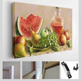 Onlinecanvas - Schilderij - Stilleven Met Perzik En Watermeloen. Olieverf Doek Art Horizontaal - Multicolor - 80 X 60 Cm