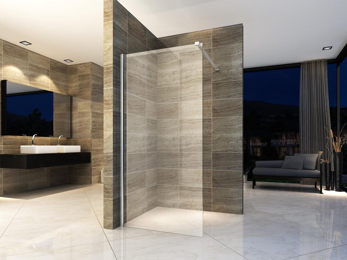 Bally Eco Inloopdouchewand Antikalk Met Chroom Profiel En Stabilisatiestang 8mm Veiligheidsglas 1200x2000mm Helder Glas
