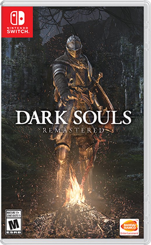 De cover van Dark Souls: Remastered voor Nintendo Switch, met een krijger bij een kampvuur.