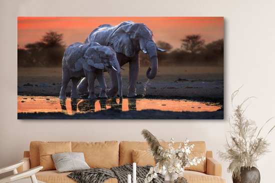 Tableau sur toile Deux éléphants au coucher du soleil - 160x80 cm - Décoration murale Art
