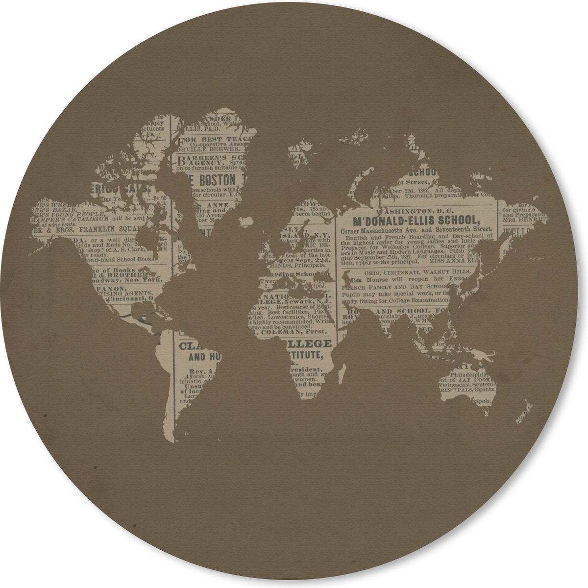 Muismat rond 20x20 cm - Mousepad Wereldkaart - Krant - Bruin - Ronde muismatten