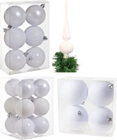 Kerstversiering set mix mat/glans/glitter kerstballen met piek in het wit 6 - 8 - 10 cm pakket - 63x stuks