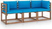 Decoways - Tuinbank 3-zits pallet met lichtblauwe kussens grenenhout