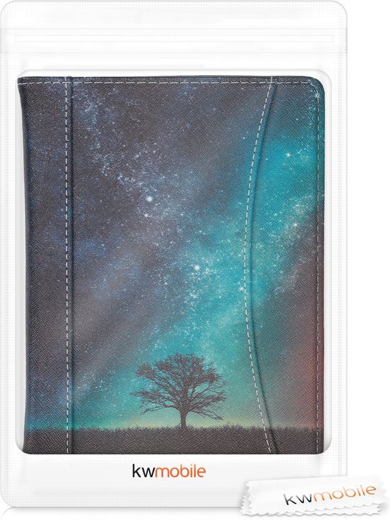 kwmobile flip cover geschikt voor Kobo Aura H2O Edition 2 - Hoes met handgreep en voorvak voor e-reader - Book case in blauw / grijs / zwart - Sterrenstelsel en Boom design van Merkloos — afbeelding 4