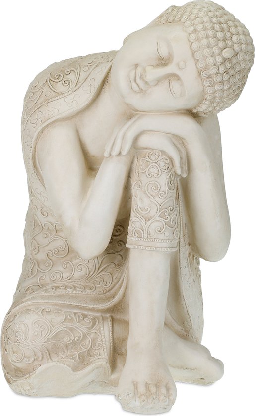 Relaxdays Statue Bouddha Assis Méditation – 17,5 Cm, Résistante Gel & Intempéries, Jardin, Terrasse Ou Intérieur Blanc