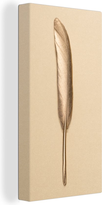 Canvas schilderij 80x160 cm - Wanddecoratie Goud geverfde veer op een gouden achtergrond - Muurdecoratie woonkamer - Slaapkamer decoratie - Kamer accessoires - Schilderijen
