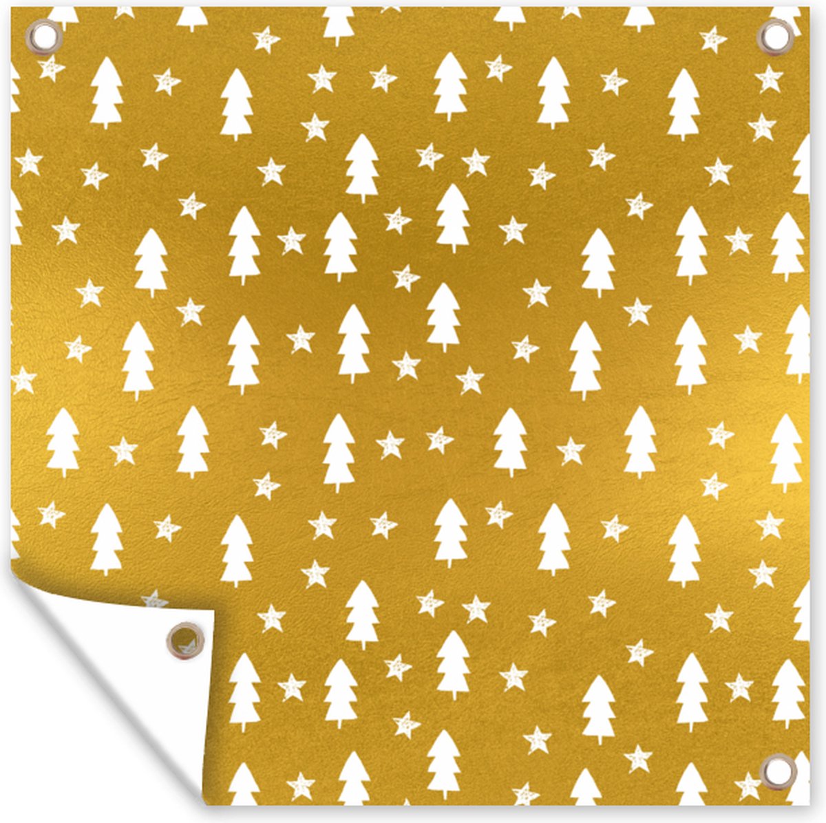 Tuinposter Kerstboom in goud en wit op 50x50 cm tuindoek.