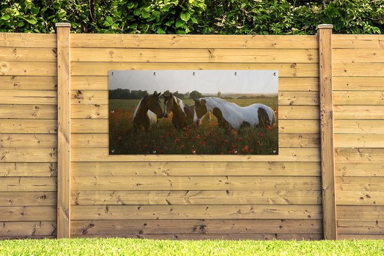 Affiche de clôture Paarden - Fleurs - Soleil - 200x100 cm - Toile de jardin