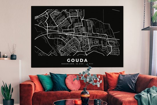 Toile Peinture Carte - Gouda - Zwart - 180x120 cm - Décoration murale XXL