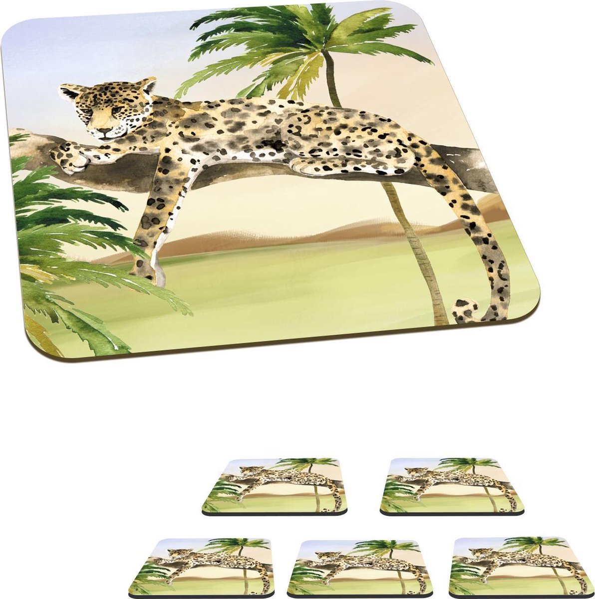 Onderzetters voor glazen - Luipaard - Jungle - Boom - 10x10 cm - Glasonderzetters - 6 stuks