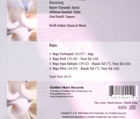 Rajeev Taranath Rasarang (CD), Rajeev Taranath CD (album) Muziek
