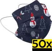 Kerst Mondkapje Wegwerp Mondmasker Niet Medisch Sneeuwpop Donker Blauw - 50 Stuks