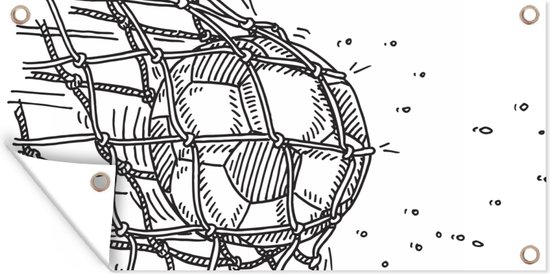 Schuttingposter Een illustratie van een voetbal die het doel ingeschoten is - Jongens - Meiden - Kinderen - 200x100 cm - Tuindoek