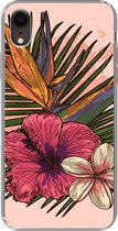 Geschikt voor iPhone XR hoesje - Bloemen - Tropisch - Roze - Siliconen Telefoonhoesje