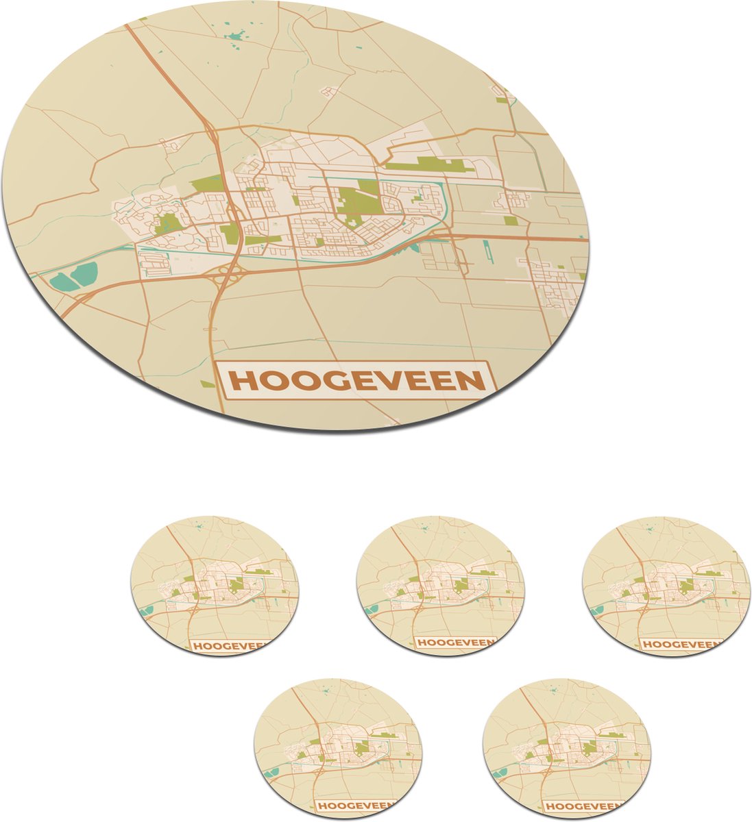 Onderzetters voor glazen - Rond - Plattegrond - Hoogeveen - Vintage - 10x10 cm - Glasonderzetters - 6 stuks