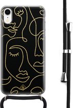 iPhone XR hoesje met koord - Abstract faces | Apple iPhone XR crossbody case | Zwart, Transparant | Geometrisch patroon