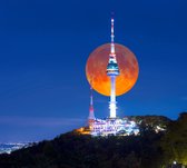 De N Tower op de Namsan berg bij volle maan in Seoul - Fotobehang (in banen) - 250 x 260 cm