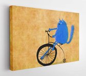 Een grappige foto van een grappige blauwe kat die op een ouderwetse hoge wieler rijdt op de grijze achtergrond - Canvas Modern Art - Horizontaal - 603677057 - 80*60 Horizontal