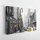 Olieverf op doek, straatbeeld van New York, vrouw onder een paraplu, gele taxi, modern kunstwerk, Amerikaanse stad, illustratie New York - Modern Art Canvas - Horizontaal - 697213858 - 115*75