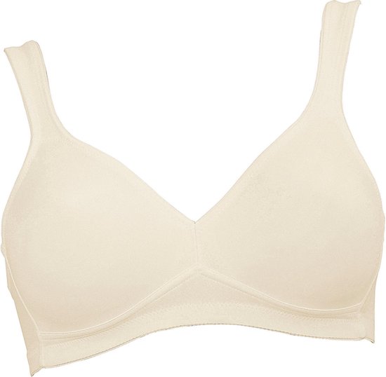 Crèmekleurige beugel-BH op een witte achtergrond. De BH heeft een V-hals en voorgevormde cups.