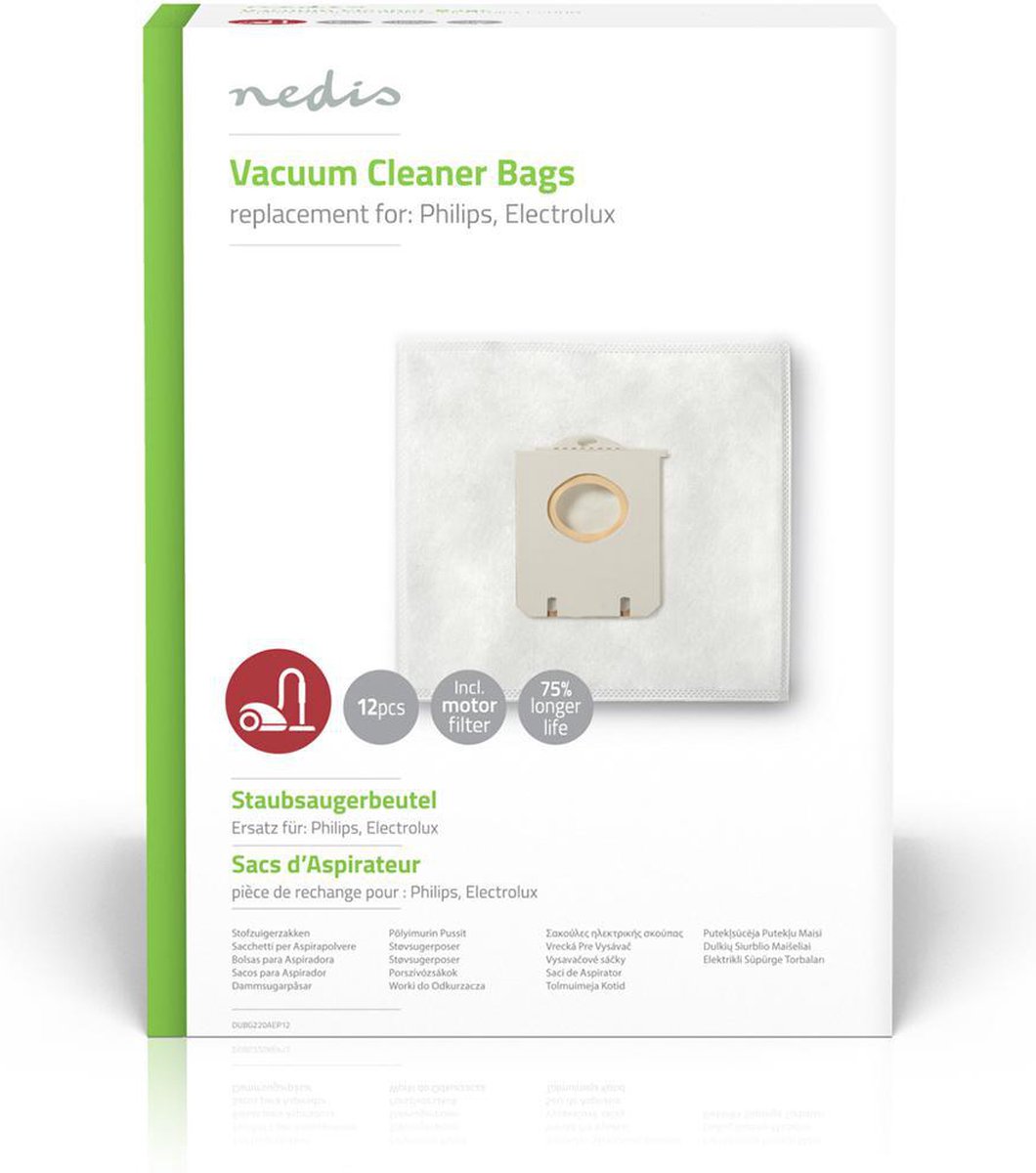 Nedis Stofzuigerzak - 12 Stuks - Synthetisch - Meest verkocht voor: Philips / Electrolux - Wit