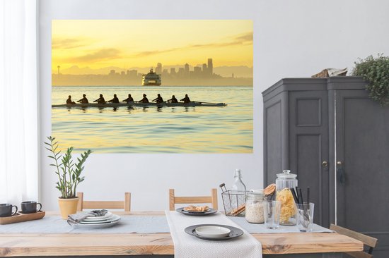 Poster Groupe de rameurs dans la baie 180x120 cm - Tirage photo sur Poster (décoration murale salon / chambre) / Affiche Sport XXL / Groot format!