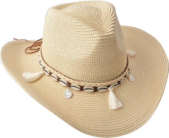 Juleeze Chapeau de femme 58 cm Beige Paille en papier Rond Coquillages Chapeau de soleil