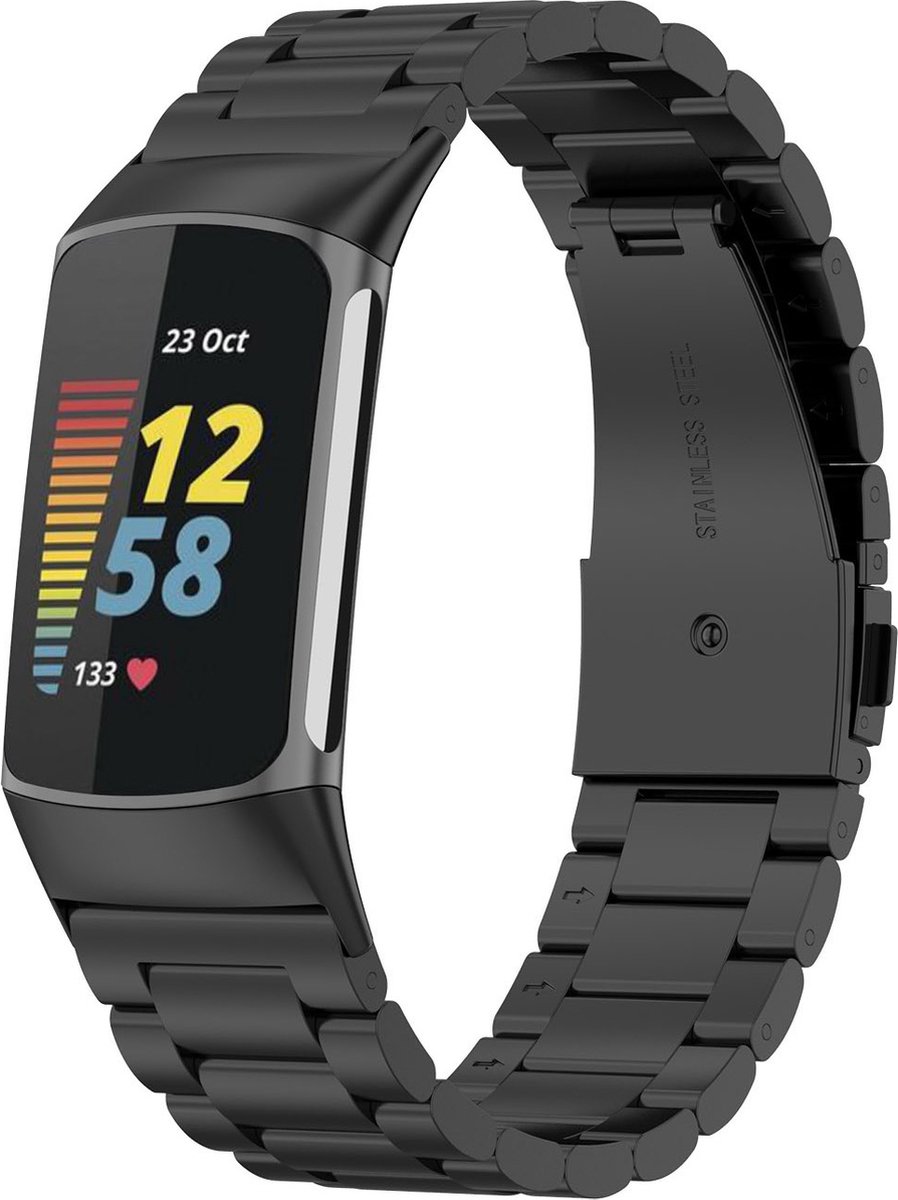 123watches kralen stalen schakel band - zwart - - Geschikt voor Fitbit Charge 5 & 6